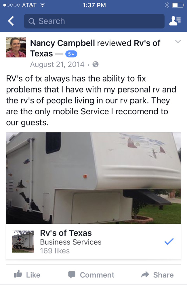 Review from Facebook for RVs of Texas Mobile Service - April 2016